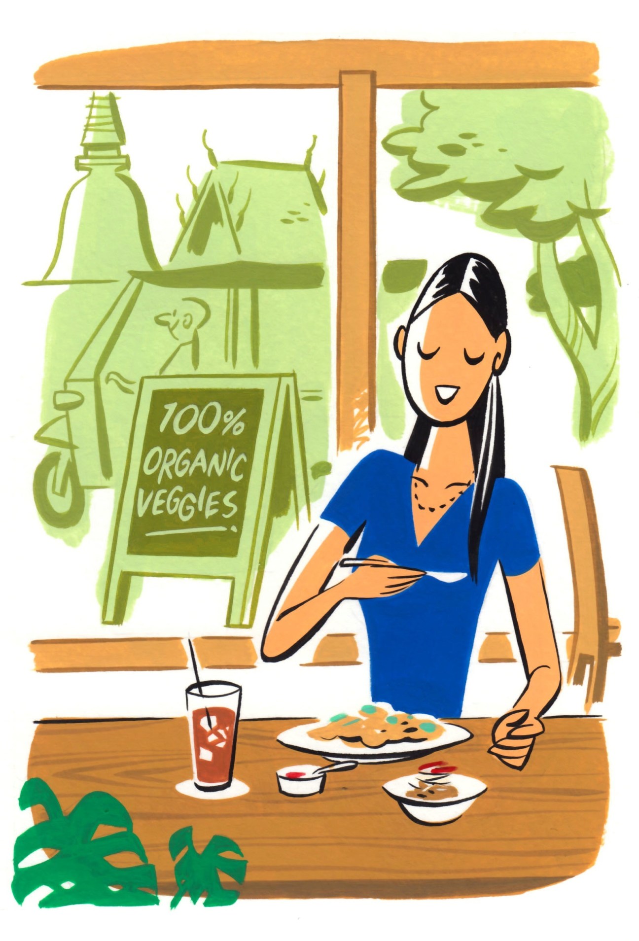 Illustration of a woman in a blue shirt eating at a wooden table with organic vegetables and a drink visible.