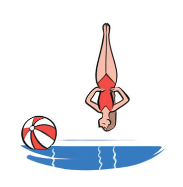 Illustration of a woman in a red swimsuit diving into water near a beach ball.