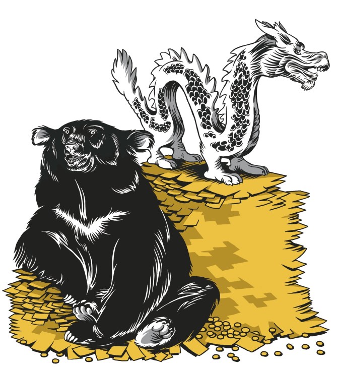 Illustration of a black bear and white dragon sitting on gold coins and bars.