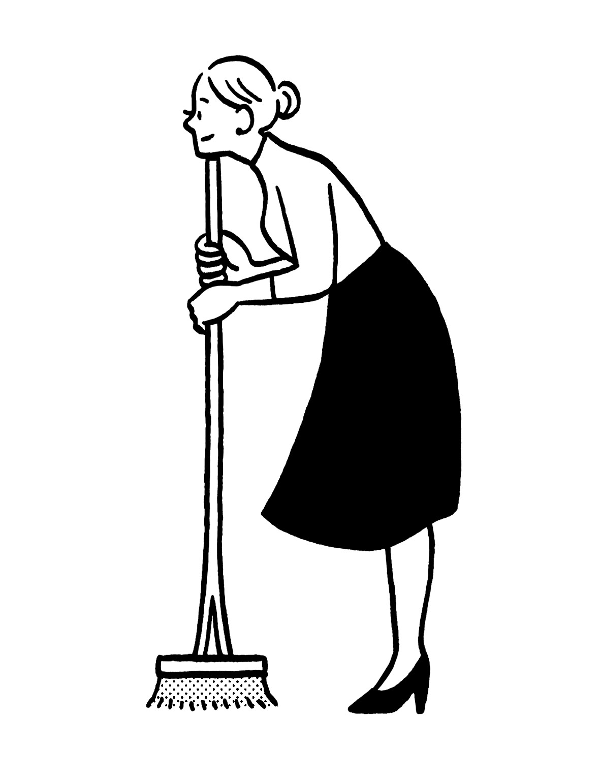 Line illustration of a woman holding a broom with natural bristles.