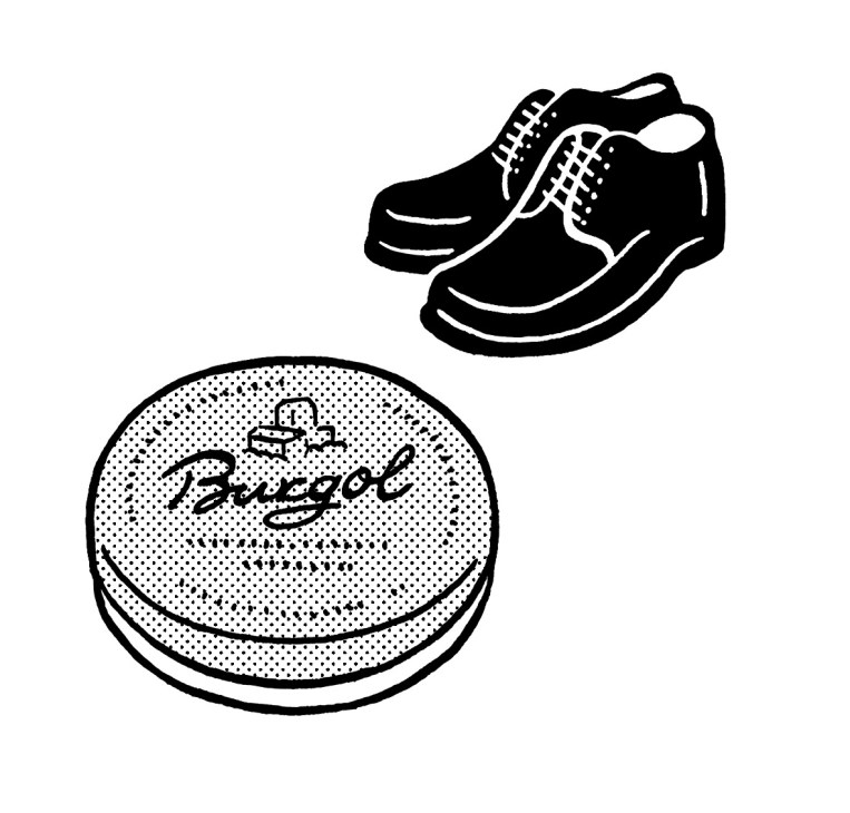 Illustration of black shoes and a round tin of Burgol shoe polish with product branding.