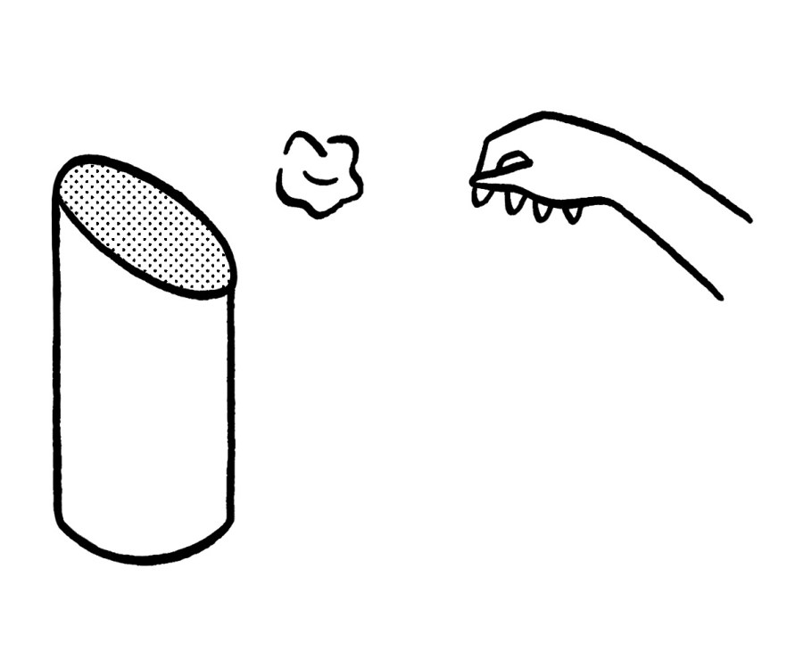 Line illustration of a cylindrical trash bin with wooden lid and a hand opening it.