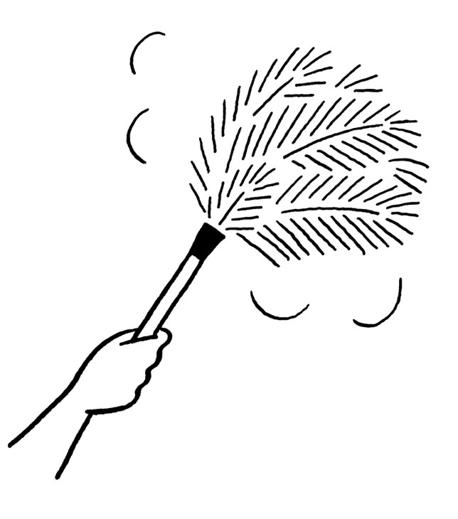 Line illustration of an ostrich-feather duster held in a hand.