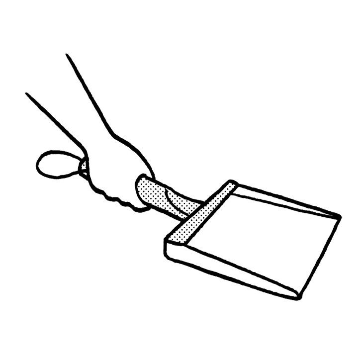Line illustration of a dustpan with long handles and a brush attachment made from beechwood and lacquered sheet metal.