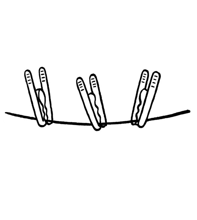 Line illustration of three stainless-steel clothes pegs clipped to a horizontal wire.
