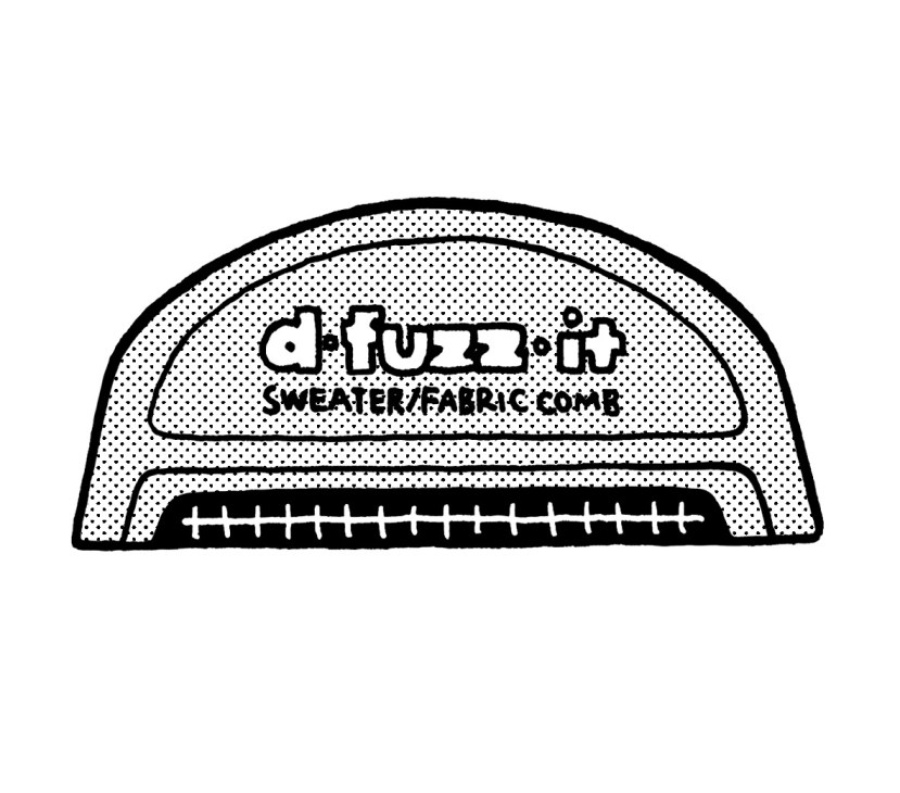 Black and white illustration of a fabric comb by Oak Industries with dotted texture detail.