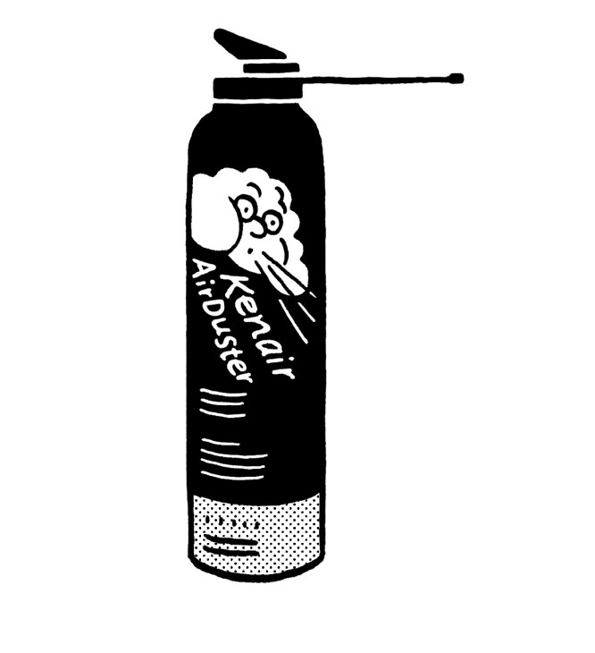 Black and white illustration of Kenair aerosol can with cartoon character design and spray nozzle.
