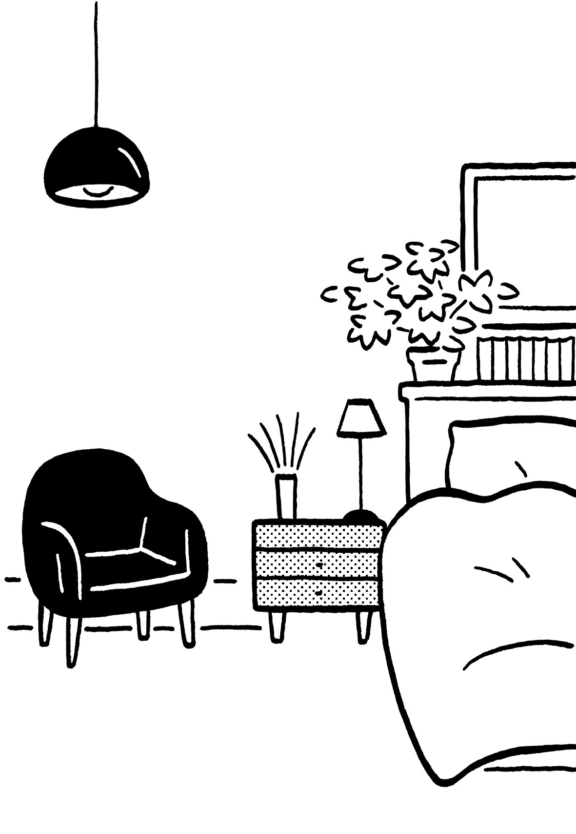 Line drawing of a bedroom with pendant light, armchair, potted plant, and bedside table with lamp.