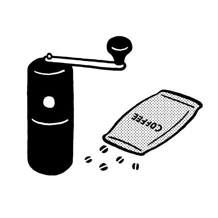 Illustration of a coffee grinder with ceramic burrs next to a rectangular tray labeled with a design mark.