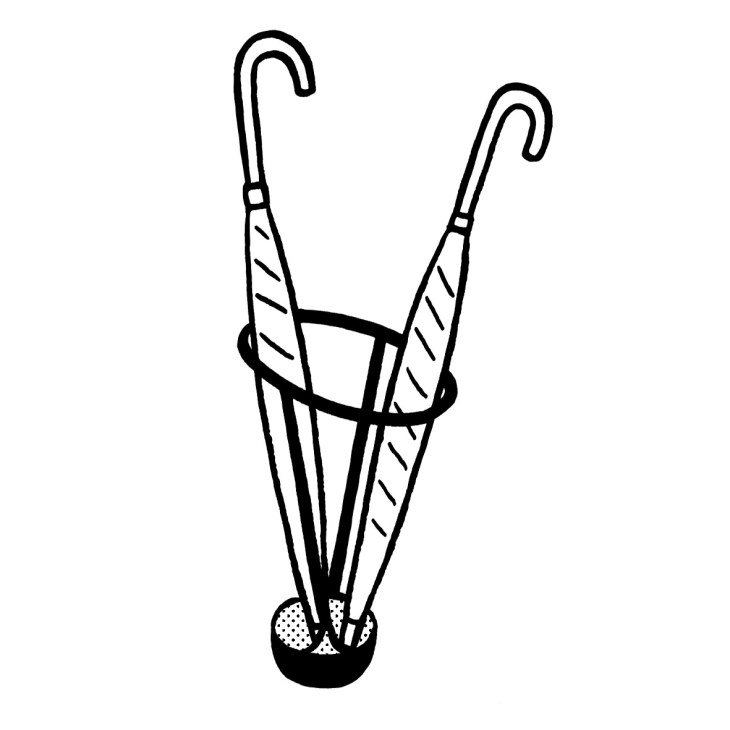 Line drawing illustration of an umbrella stand holding two umbrellas with wrapped handles.