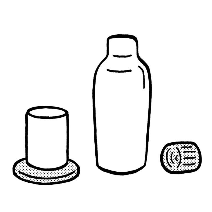 Line illustration of Gridy ceramic carafe with wooden top and drinking glass.