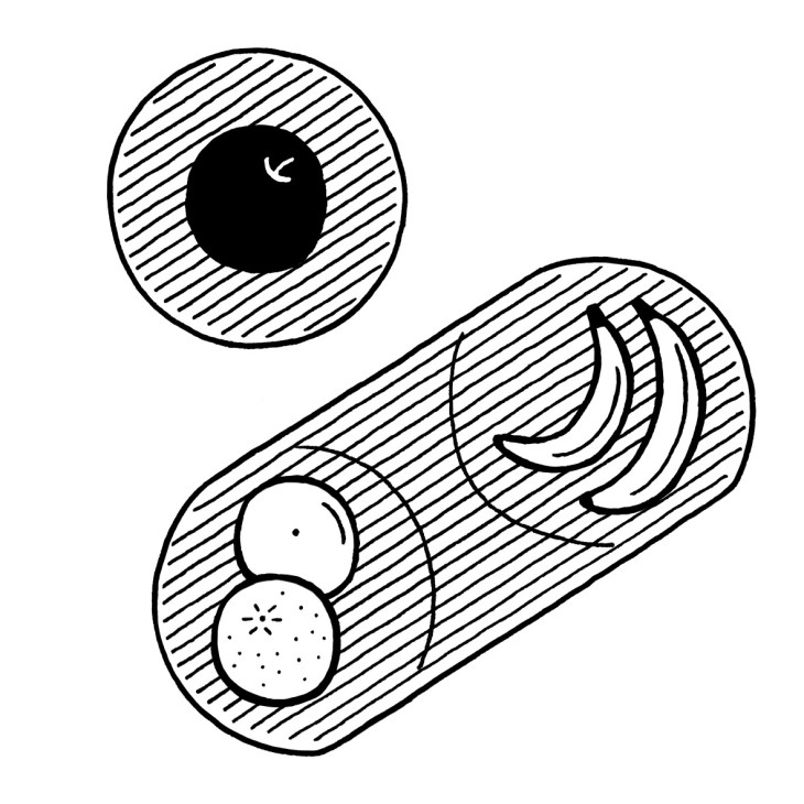 Line drawing illustration of a folded Japanese towel with bananas and a circular object.