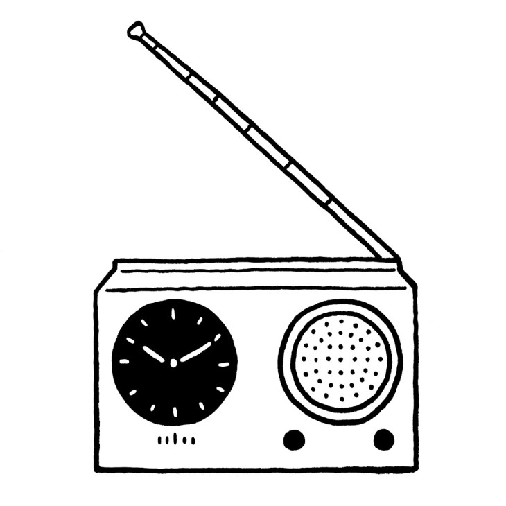 Line drawing of Braun ABR 21 alarm clock and radio with antenna, clock face and speaker grille.