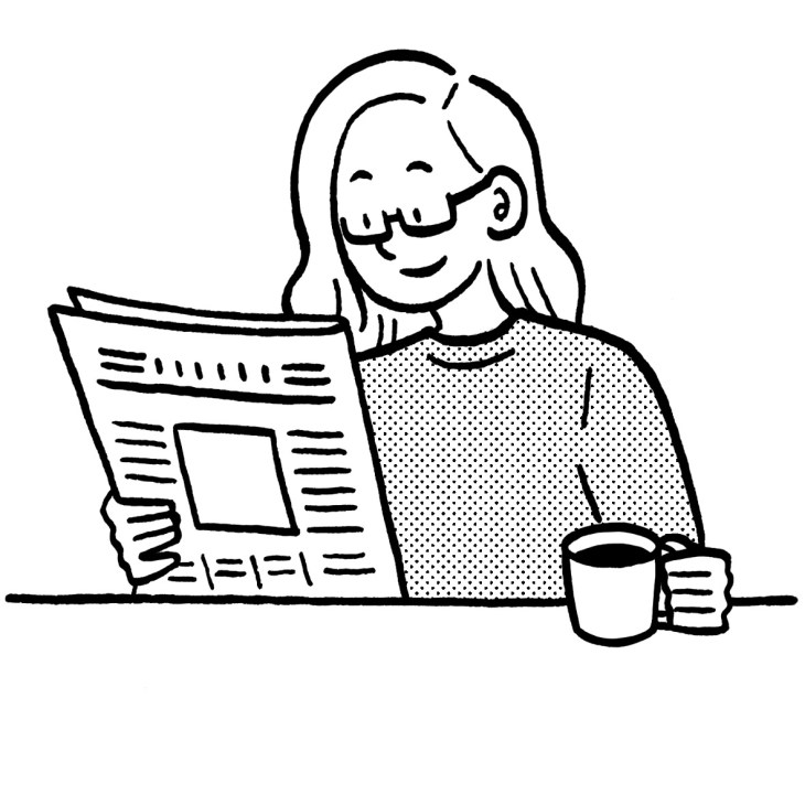 Illustration of a woman reading a newspaper while holding a coffee cup.