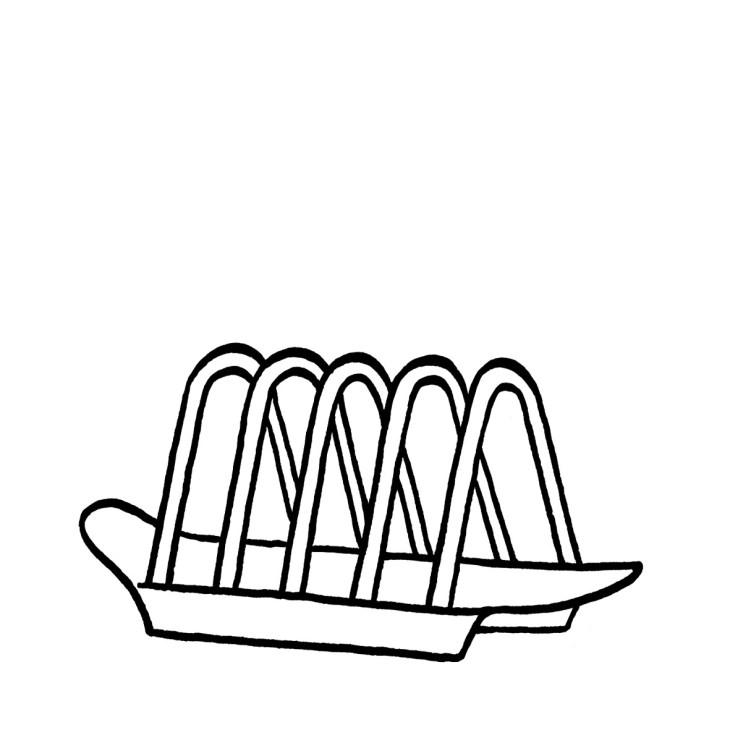 Line drawing of a boat-shaped stainless-steel toast rack with five curved slots.