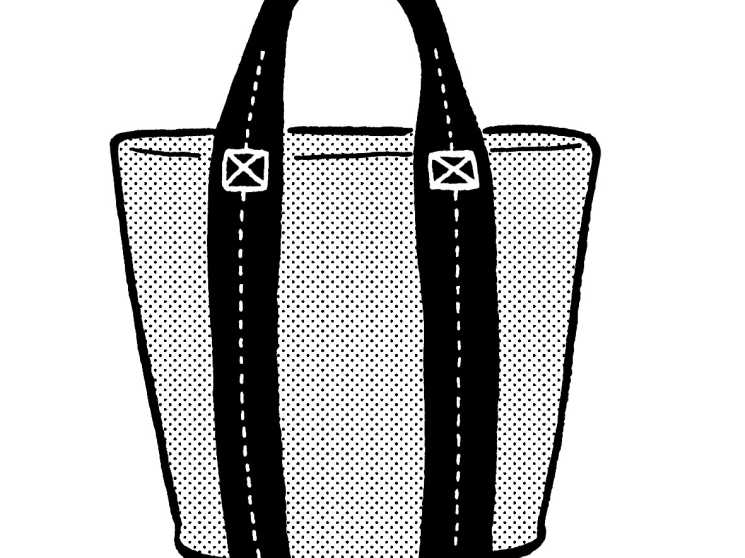 Illustration of an olive-colored tote bag made from salvaged US military tent material with black handles.