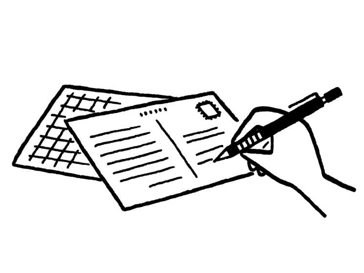 Line drawing of a hand writing on a notepad with a pen and calendar visible.