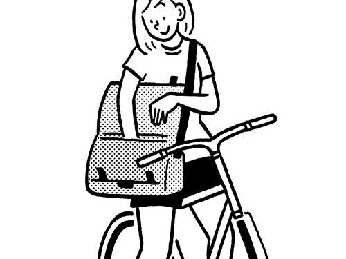 Illustration of a woman with a Mission Workshop messenger bag on a bicycle.