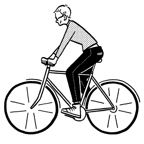 Line drawing illustration of a cyclist riding an upright commuter bicycle.