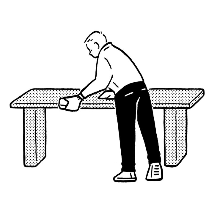Line illustration of a man sanding a workbench surface with a sanding sponge.