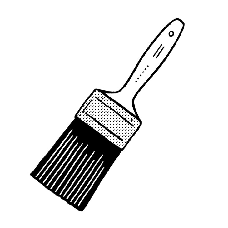 Line drawing of a Purdy paint brush with wooden handle and bristles.