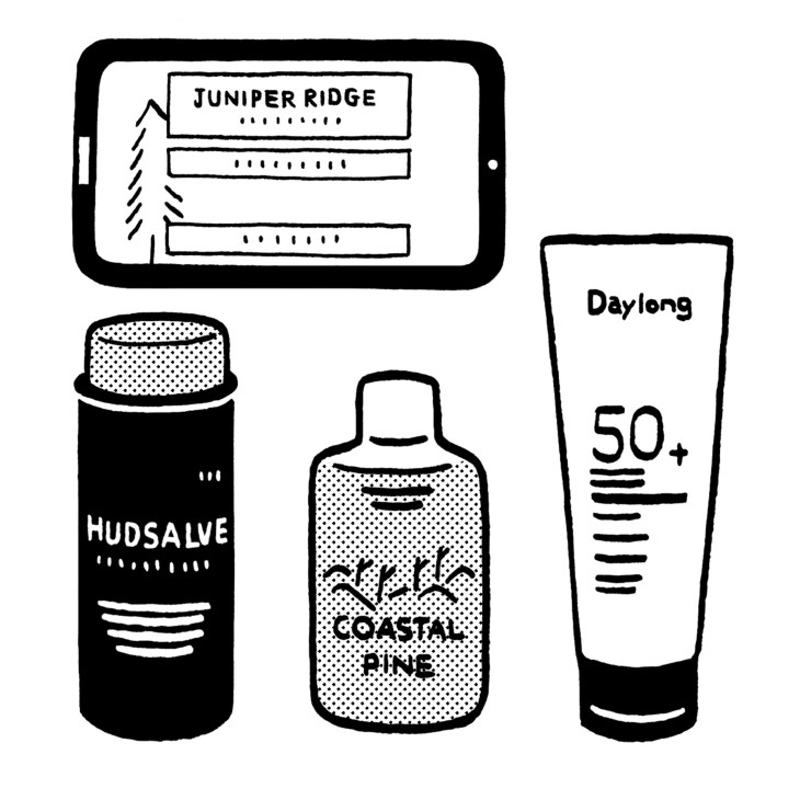 Illustration of Alpine skincare products including Hudsalve lip balm, Daylong sunscreen, and Juniper Ridge body wash and perfume