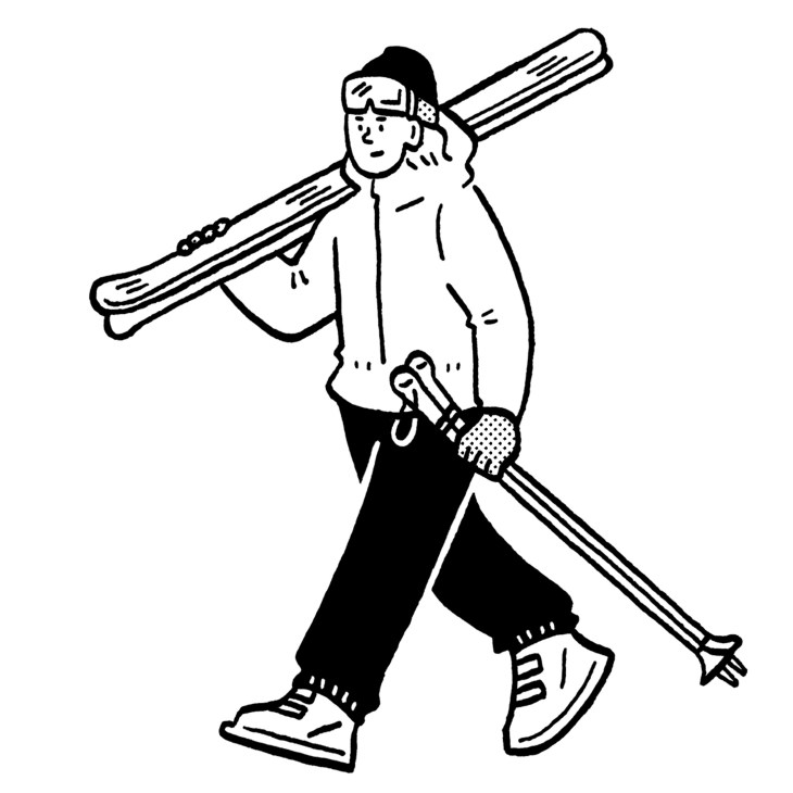 Line illustration of a skier carrying skis over shoulder while walking downhill