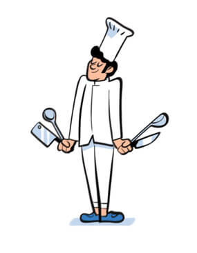 Illustration of a chef in white uniform holding cooking utensils and wearing a tall chef's hat.