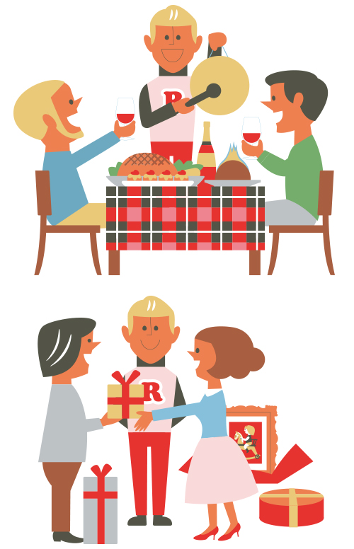 Illustration of people dining and exchanging gifts during Christmas celebrations.