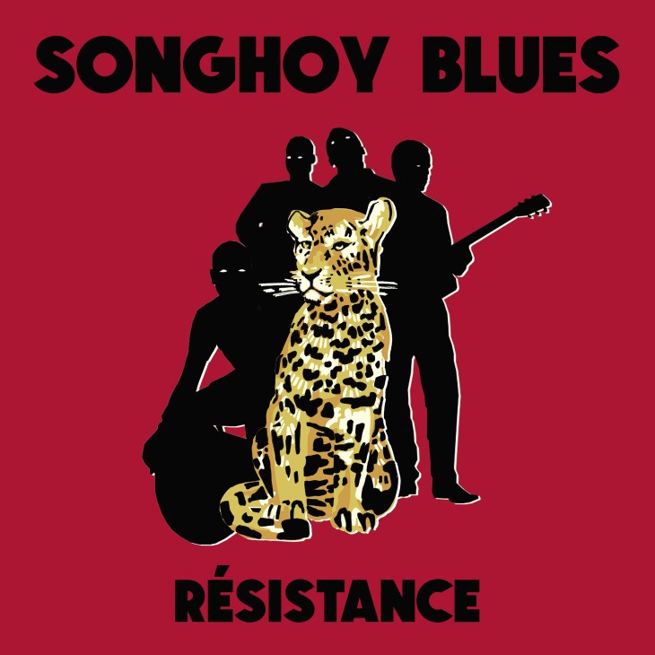Songhoy Blues Résistance album cover featuring band silhouettes and a spotted leopard on red background.