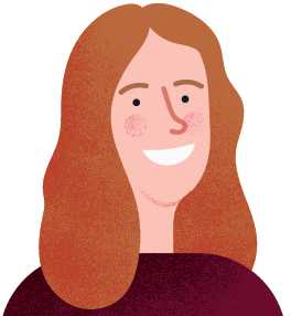 Illustration of a woman with long reddish-brown hair and a friendly smile.