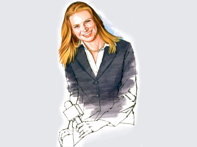 Illustration of Simone Kliass, a woman with shoulder-length blonde hair wearing a dark blazer and white shirt, smiling at the camera.