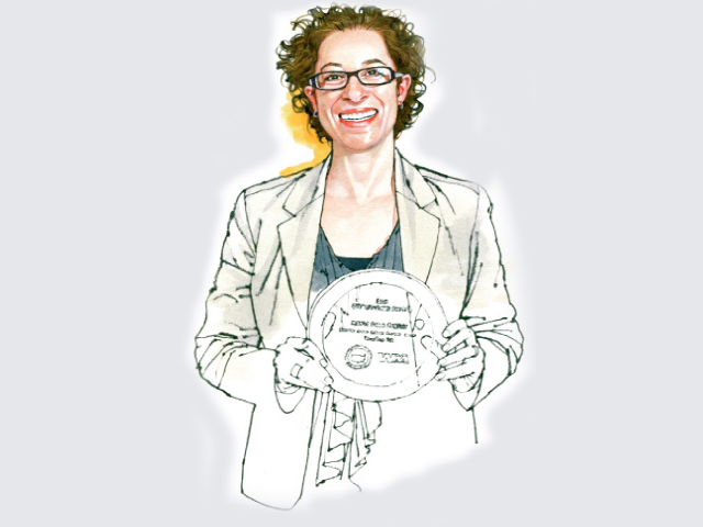 Illustration of Laura Spanjian, sustainability director, holding a circular diagram.
