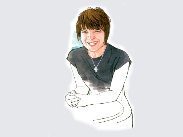 Illustration of Harumi Kurihara, a woman with short brown hair wearing a dark top, smiling with arms crossed.