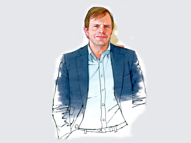 Portrait illustration of Luís Collado, CFO, wearing a blue blazer and light blue shirt.