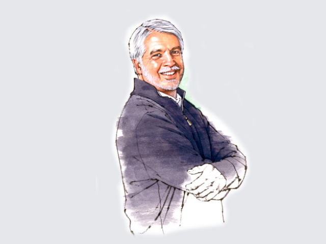 Illustration of Luís Collado, CFO, wearing a dark jacket and smiling over his shoulder.