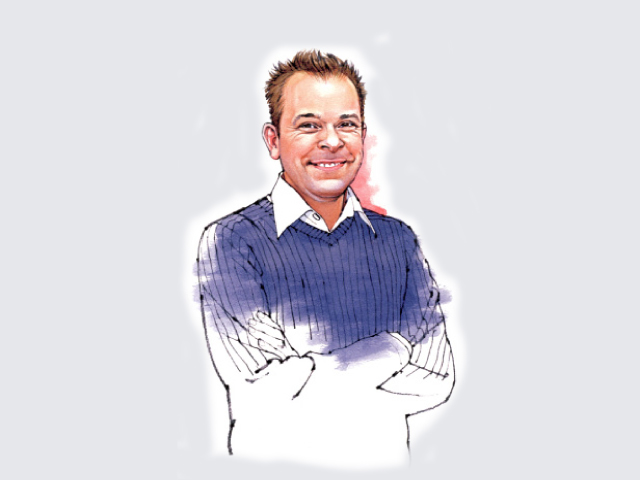 Illustration of Eytan Schwartz, head of international press, wearing a navy pinstriped sweater with white collar.