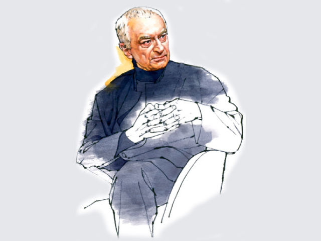 Illustrated portrait of Massimo Vignelli, an elderly man with white hair wearing a dark blue jacket.