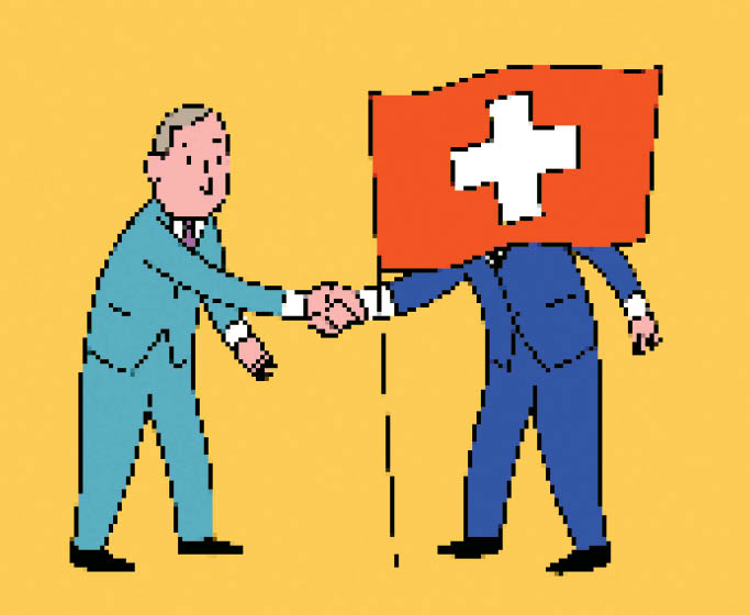 Pixel art illustration of two businessmen in suits shaking hands across a border, one holding a Swiss flag.