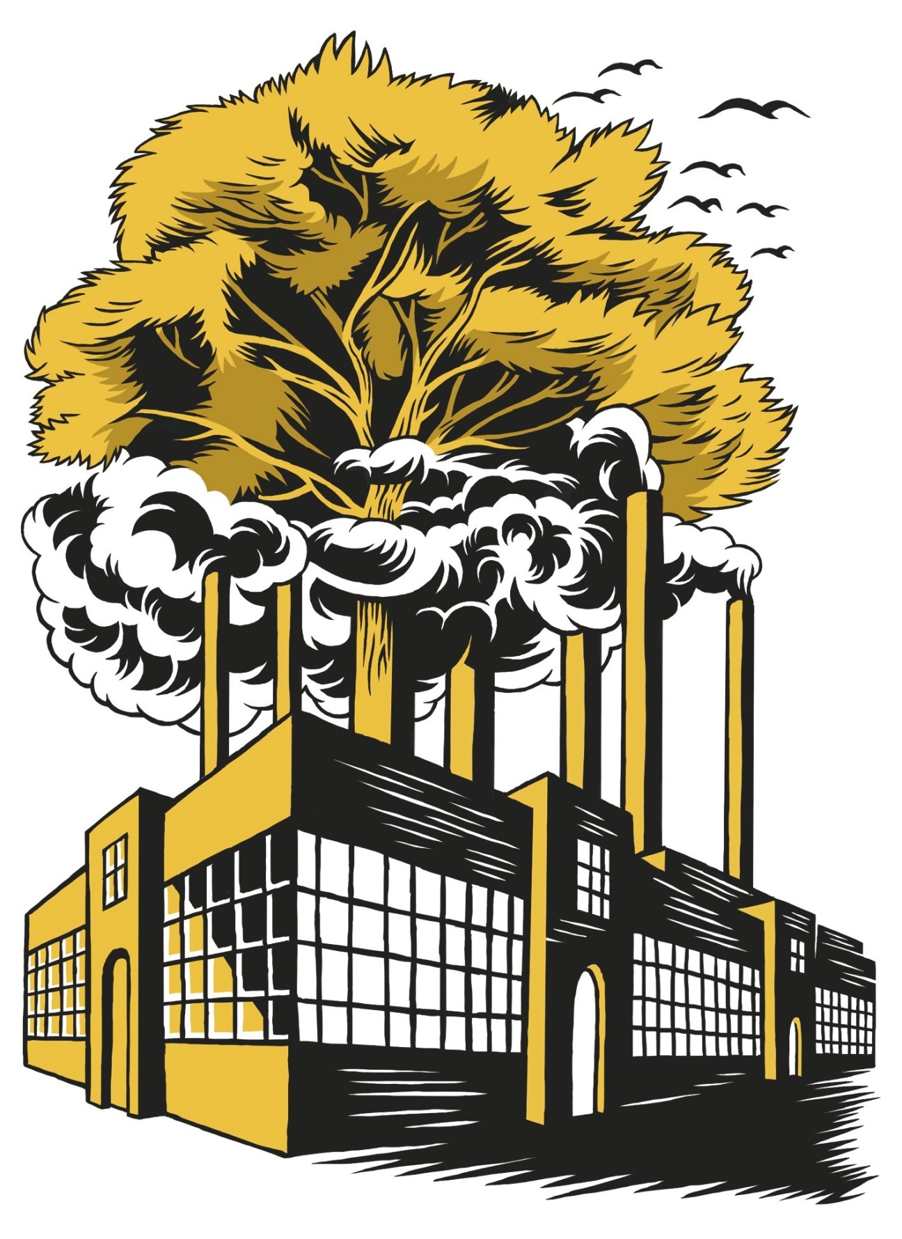 Illustration of a factory with yellow and black smokestacks emitting white smoke, with a large golden tree growing above it.