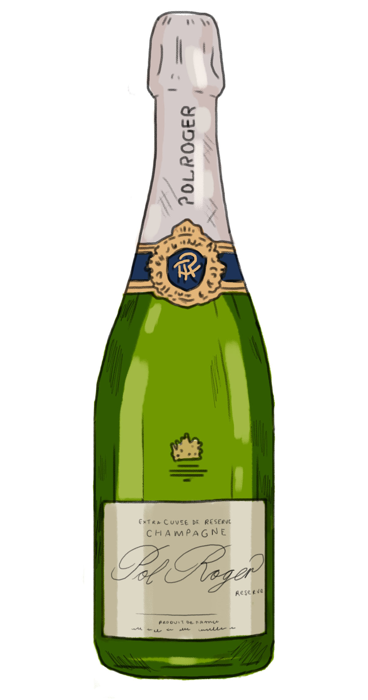 Illustration of a bottle of Pol Roger brut reserve champagne from Epernay, France.