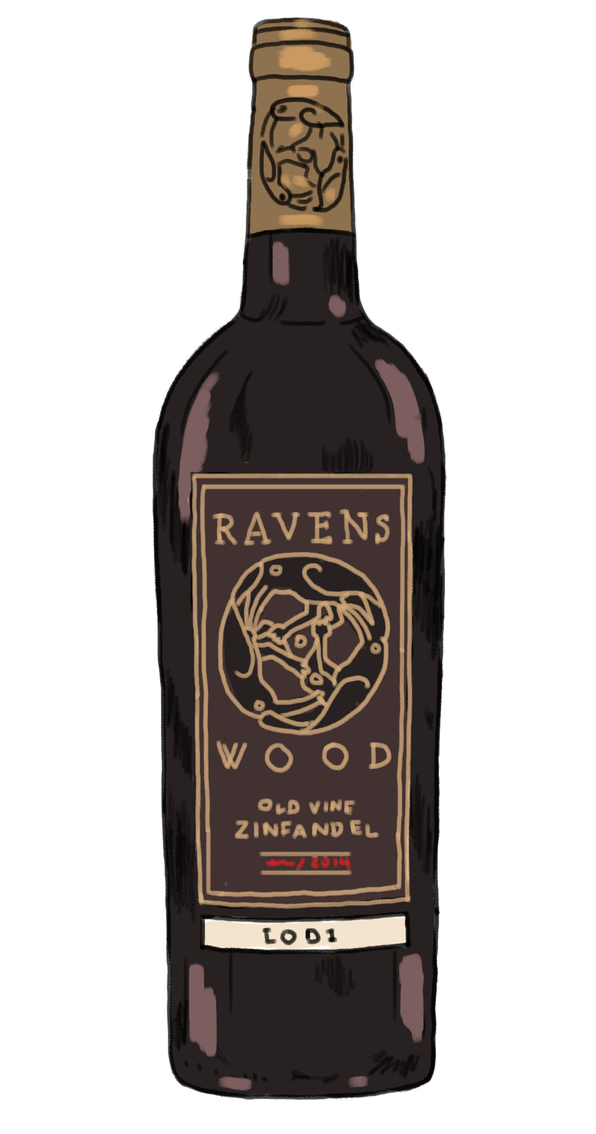 Illustration of Ravenswood old vine Zinfandel 2013 wine bottle from Lodi, California.