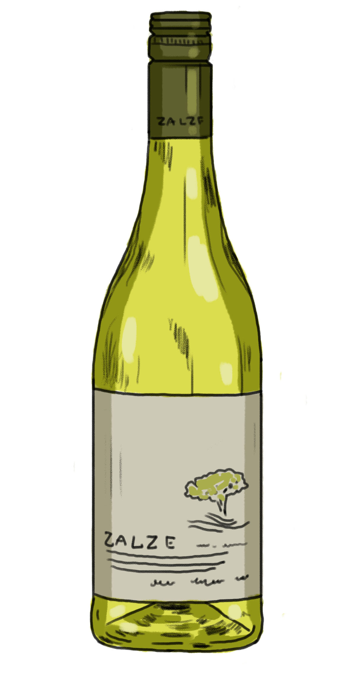 Illustration of Zalze bush vine chenin blanc 2016 wine bottle with pale yellow wine and tree label.