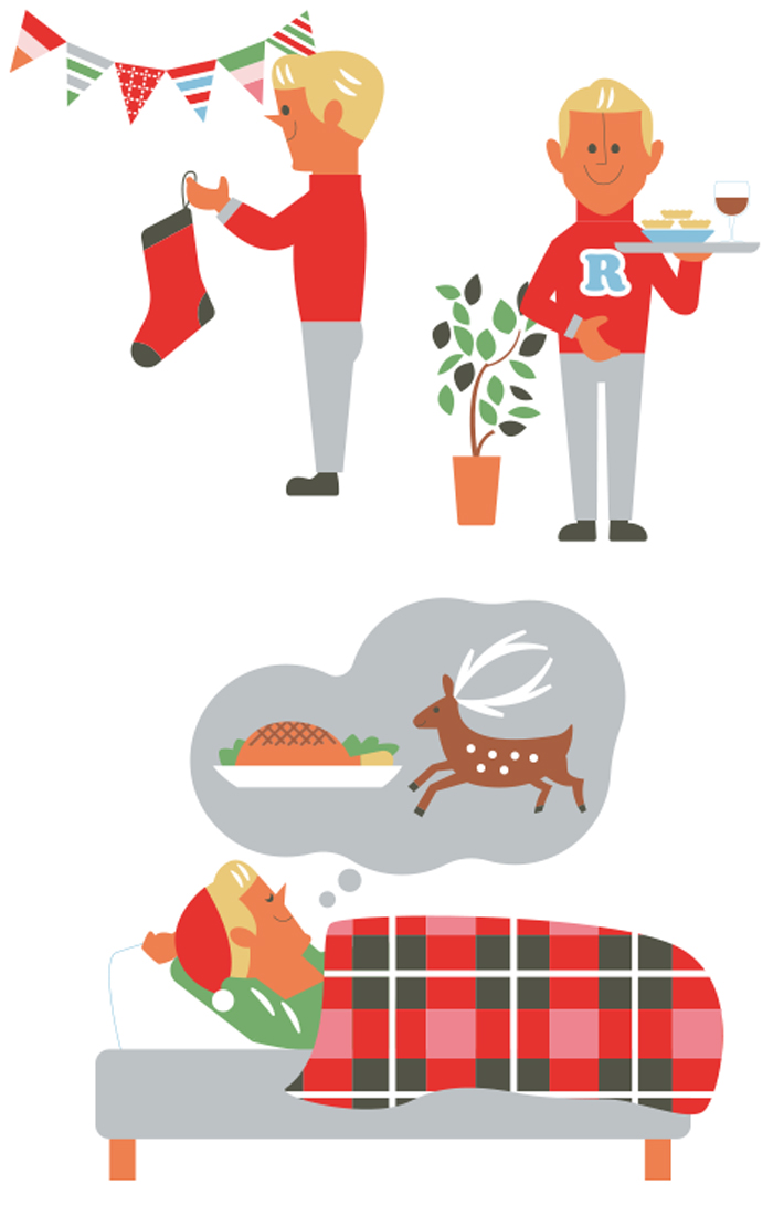 Illustration of festive holiday scenes including people hanging stockings, serving food, and relaxing by a fireplace.