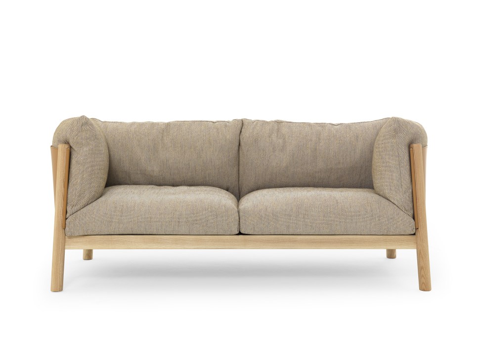 Yak sofa by DePadova with beige upholstery and natural ash wood frame.