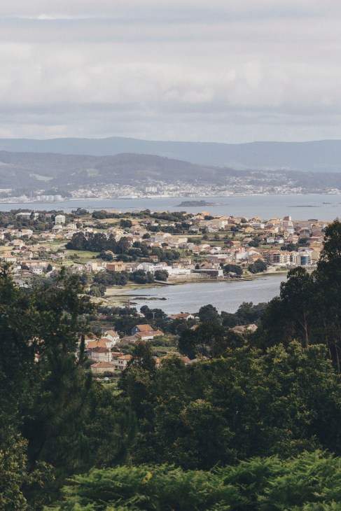 View across the Arousa estuary with boats dotting the water