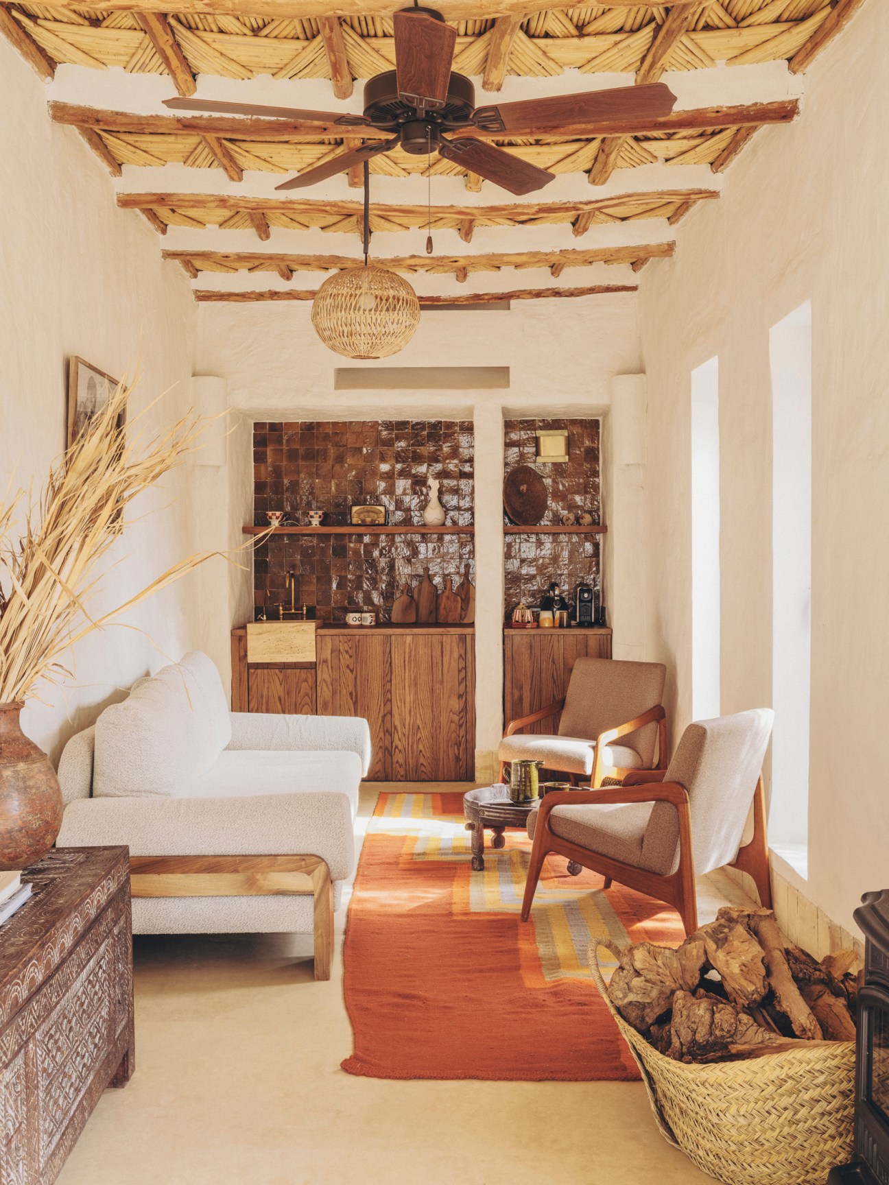 Semi-secluded bar area with a custom Beni Rug