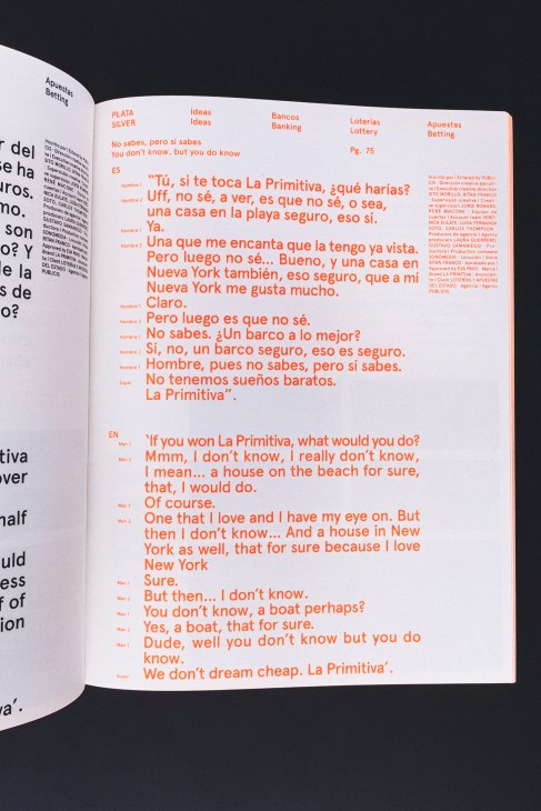 Magazine spread featuring orange text on white background with Spanish and English interview quotes about lottery games.