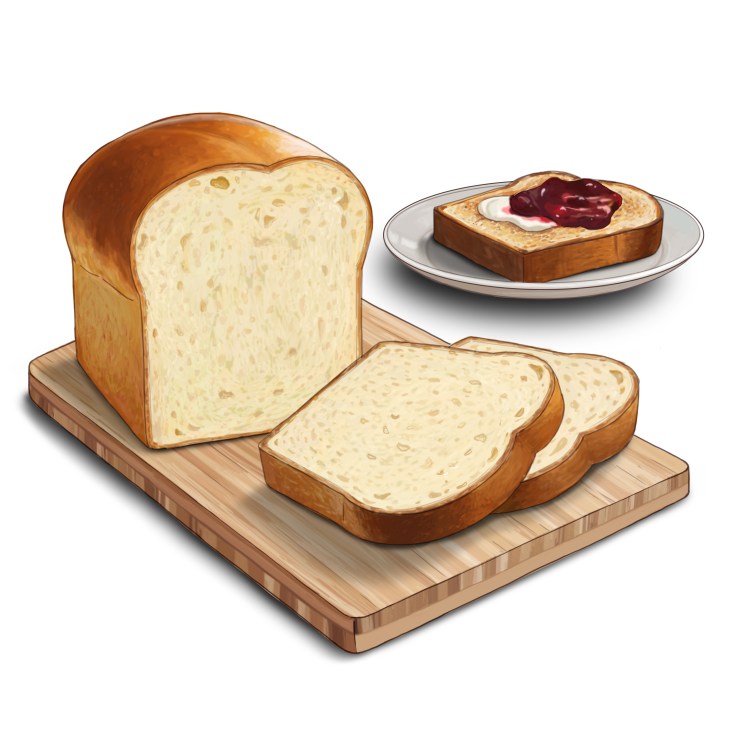 Sliced brioche loaf on wooden cutting board with jam-topped toast on plate