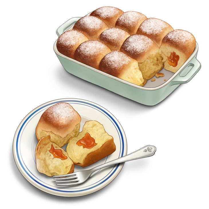 Golden baked Austrian buchteln sweet buns with apricot jam filling in baking dish and served on plate